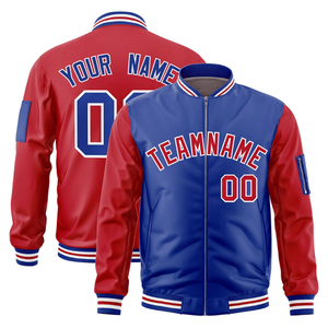 Custom Design Royal Blue-Red Sporty Varsity <b>Jacket</b> for Men Stand Collar Covered Button Closure Winter Bomber Style Front Logo - Product Image 1