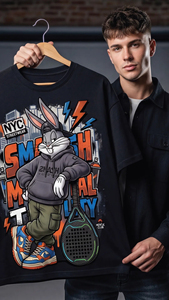 T-shirt noir Bugs Bunny NYC Streetwear à manches courtes, col rond, imprimé dessin animé, coupe classique pour homme, jersey 100% coton - Product Image 4