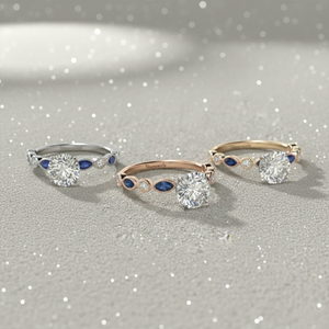 Anillo de Compromiso con Diamante Redondo Cultivado en Laboratorio Stonewels, Zafiro Azul Marquesa, Chapado en Oro Vintage, Engaste de Garras, Certificado para Novia - Product Image 4