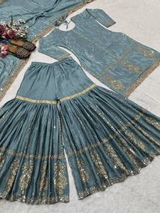 Elegant <b>Light</b> <b>Blue</b> <b>Lehenga</b> Choli Gold Embroidery Traditional Indian Wedding Dress Women Floor-Length Regular Fit In-Stock - Product Image 6