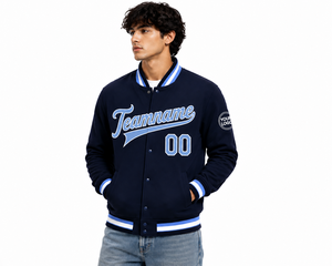 Veste de baseball universitaire bleu marine pour homme SINEWY SPORTS, style preppy, boutonnée, avec nom et numéro d'équipe personnalisés - Product Image 5