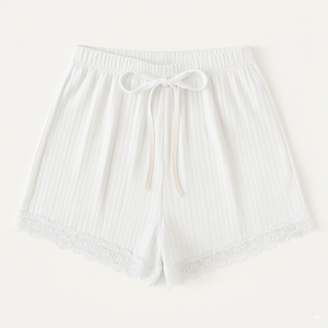 Women Casual Ribbed Knit <b>Lace</b> Trim Quick Dry Breathable High Drawstring Shorts <b>Elastic</b> Design Summer Lounge Wear OEM - Product Image 4