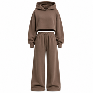 Ensemble de survêtement ONE APEX pour femme, coupe droite, pantalon large, en molleton épais 100 % coton, couleur marron cacao, séchage rapide - Product Image 4