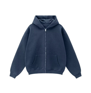 Sweat-shirt à capuche zippé bleu marine pour homme, coupe oversize, décontracté, manches longues, couleur unie, poche avant, style automne, tricoté - Product Image 1