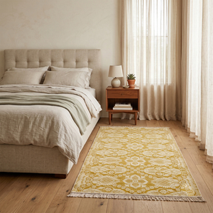พรมตกแต่ง DECORDEC สีเหลืองมัสตาร์ด ทำจากขนสัตว์สีงาช้าง เป็นมิตรกับสิ่งแวดล้อม กันลื่น ลายดอกไม้แบบเหรียญตรา พร้อมชายครุย สำหรับห้องนั่งเล่น - Product Image 3