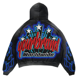 Sweat-shirt à capuche oversize pour homme, imprimé par sublimation, style streetwear, motif flamme noire, logo frontal, poche, coupe carrée, vintage, avec masque intégré - Product Image 2