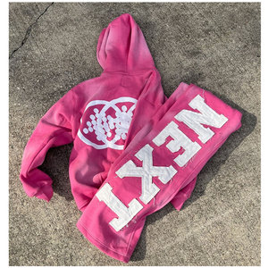 Custom Hot Selling Zip Up Sweat Suits Distressed Patch Acid Wash Hoodie and <b>Sweatpants</b> Set <b>Flared</b> Tracksuit Streetwear Casual - Product Image 4