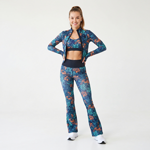 Women Floral Print Yoga Sports Bra <b>Flare</b> <b>Leggings</b> Full Length Sleeveless Racerback Crop Jacket 3 Piece Compression <b>Gym</b> Set - Product Image 3