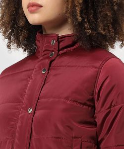 Women's Burgundy <b>Quilted</b> Jacket Stand Collar Full Sleeve Solid Color Autumn Wear Short Length Button Closure - Product Image 2