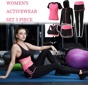 Women's Pink <b>Black</b> Contrast Color Blocking Yoga Sport Set Hoodie Tank Top Shorts <b>Leggings</b> Breathable Mid Waist Quick Dry 180g - Product Image 4