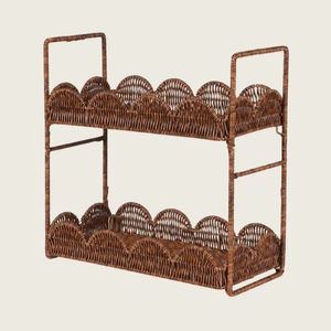 Handcrafted rattan tiered storage rack with metal frame multi layer organizer <b>basket</b> stand rustic industrial style durable - Product Image 1