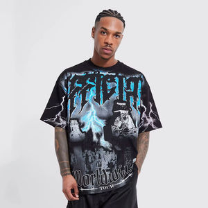 T-shirt noir à manches courtes pour hommes avec imprimé éclair bleu et motif graphique « Worldwide Tour » sur le devant, haut décontracté d'été - Product Image 2