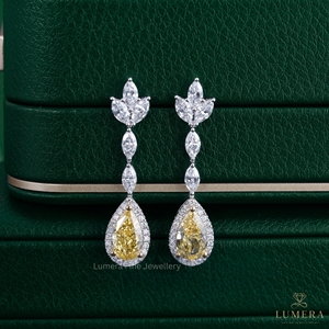 Fancy Yellow Pear Cut Lab Grown Diamond Halo Dangle Earrings Marquise Leaf Floral <b>Top</b> 14K Gold Statement Luxury <b>Wedding</b> Jewelry - Product Image 1
