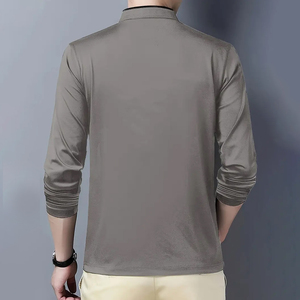 Men's Stand Collar <b>Zip</b> T-<b>Shirt</b> Long Sleeve Solid Color Casual Knitted Top 100% Cotton 120g Anti-Wrinkle Front Logo for Commuting - Product Image 3