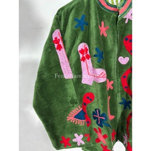 Unisex Party Wear Jacket Uzbek Embroidery Jacket Green Velvet Jacket <b>Coat</b> Hand <b>Stitch</b> Cotton Lining Boho Chic Jacket - Product Image 3