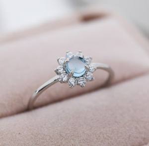 Bague Halo en Argent Sterling avec Aigue-marine Bleue Véritable, Pierre Précieuse Naturelle, Motif Fleur, Mariage, Luxe, Sertissage à Griffes, Certifiée Mars - Product Image 3