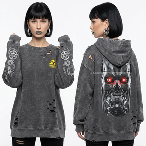 Sudadera con Capucha de Calavera Cyberpunk Neón para Mujer, 400GSM, Lavado Ácido, Azul Marino, Gráfico Urbano Futurista, Estilo Vaporwave, Top Oversize Streetwear - Product Image 4