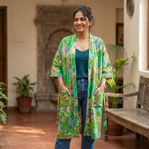 Kimono Boho de Algodón con Estampado Floral Verde |   Bata de dormir de manga larga con cuello en V para mujer |   Bata de Alta Calidad Hecha a Mano con Estampado Exclusivo - Product Image 6