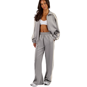 Women Oversized Full <b>Zip</b> Tracksuit Set Stand Collar Sweatshirt <b>Side</b> Stripe Wide Leg <b>Trousers</b> Relaxed Two Piece Streetwear Outfit - Product Image 5