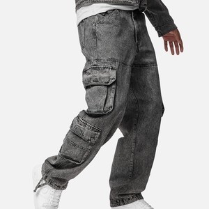 กางเกงยีนส์ฮิปฮอปทรงหลวมสไตล์วินเทจสำหรับผู้ชาย OEM แบบ Stonewash  มีกระเป๋าหลายช่อง สไตล์คาร์โก้ ผ้ายีนส์ฟอกสี กางเกงดีไซน์เนอร์สั่งทำพิเศษ - Product Image 5