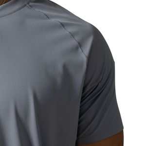 T-shirt de performance gris clair pour homme, anti-humidité, haut de gamme, col rond, pour entraînement, course à pied, gym, fitness, vêtements de sport - Product Image 4