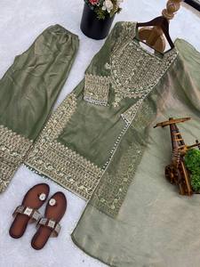 Costume Anarkali vert brodé pour femmes avec dupatta, longueur au sol, tenue traditionnelle indienne pakistanaise pour mariage - Product Image 4
