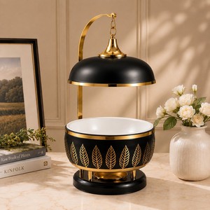 Premium <b>Black</b> Serving Dish Crafted With Artistic Golden Leaf Design Elegant Metal Stand Premium Ceramic Bowl For Luxury Dining - Product Image 1