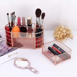 Organizador de Escritorio Metálico Color Oro Rosa, de Doble Nivel, con Malla, Diseño Minimalista - Product Image 3