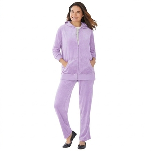 Wholesale Women's Winter 100% Cotton <b>Velour</b> Tracksuit Set 2 Piece Hooded Zip Hoodie Sweatpants Fleece Lined Printed Solid Casual - Product Image 2