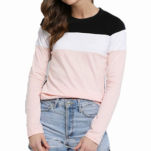 เสื้อยืดแขนยาวผู้หญิงแบบคัลเลอร์บล็อก คอกลม รับผลิตแบบ OEM แบรนด์ส่วนตัว เสื้อยืดออกกำลังกาย ทรงปกติ เสื้อยืดวิ่ง - Product Image 1