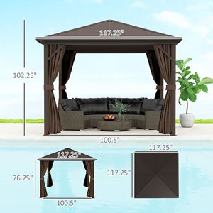 Gazebo con Tetto Rigido 3x3m Marrone Scuro, Struttura in Alluminio per Patio e Giardino con Tende a Gancio, Padiglione Permanente per Cortile - Product Image 3
