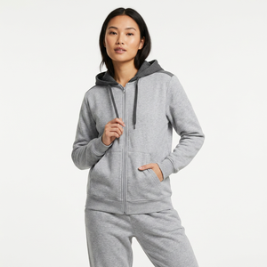 Chándal unisex gris con capucha, sudadera con cremallera completa y bolsillos laterales, y pantalones a juego, ropa informal de otoño, 100% algodón - Product Image 4