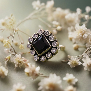 Elegant Trendy <b>Silver</b> Diamond <b>Ring</b> for Women Fine <b>Black</b> <b>Stone</b> Jewelry <b>with</b> Diamond Shape - Product Image 1