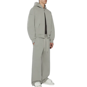 Survêtement à capuche bleu clair pour homme, fermeture éclair intégrale, coupe ample, couleur unie, tenue décontractée, 100 % coton, style automne - Product Image 4