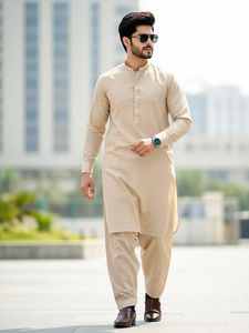 Traje Kurta Salwar de Algodón Beige para Hombre, Corte Regular, Largo hasta el Tobillo, Estilo Tradicional Informal de India y Pakistán, para Todas las Temporadas - Product Image 6
