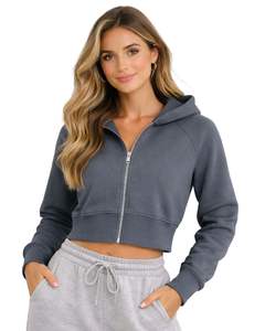 Sudadera con capucha corta para mujer, color gris carbón, de algodón y forro polar, corte ajustado, estilo casual, ligera, para mujer - Product Image 1