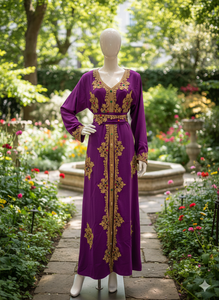 Exquisito Caftán Marroquí Morado Real con Intrincado Trabajo de Bordado a Mano con Hilo Dorado Zari y Cinturón Adornado - Edición de Lujo - Product Image 3