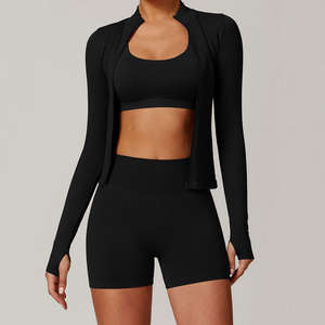 Ensemble de vêtements de sport sans couture pour femmes, soutien-gorge de sport asymétrique, haut court à manches longues et leggings ou shorts taille haute, vêtements de sport - Product Image 5