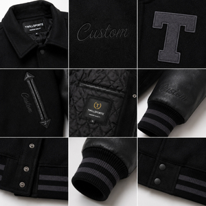 Veste varsity noire pour homme avec manches en cuir PU rouge, col rabattu, fermeture éclair avant, streetwear décontracté, vêtements d'extérieur pour l'automne - Product Image 5