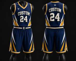 Ensemble de maillot et short de basket-ball personnalisé bleu marine, or et blanc, sublimé, respirant, pour équipe, tenue de sport professionnelle - Product Image 1