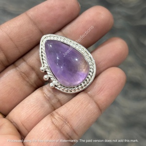 Bagues unisexes bohèmes tendance en laiton argenté 18 carats avec pierre précieuse améthyste violette, faites à la main, écologiques, en forme de poire, pour mariage - Product Image 3