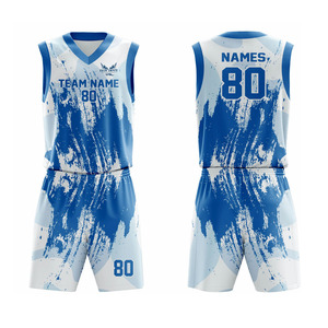Custom Blue White Sublimated Basketball Uniform Set Sleeveless V-Neck Quick Dry <b>Athletic</b> Unisex Team Jersey and Shorts - Product Image 1