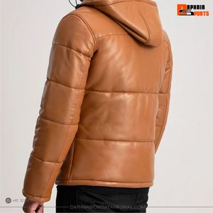 Veste matelassée à capuche en cuir PU marron pour homme, coupe-vent, épaisse, matelassée, décontractée, fermeture éclair, coupe régulière, veste en cuir - Product Image 2