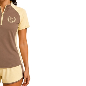 Conjunto deportivo de camiseta y pantalones cortos para mujer, color marrón beige, con media cremallera, de secado rápido, manga corta, para gimnasio, fitness, correr y entrenamiento. - Product Image 4