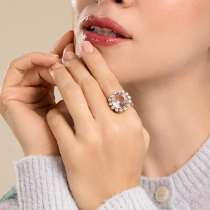 Luxury Women's <b>Gold</b> Morganite <b>Cocktail</b> <b>Ring</b> With Round Brilliant Cut Diamond Halo Flower Shape Engagement <b>Ring</b> - Product Image 3