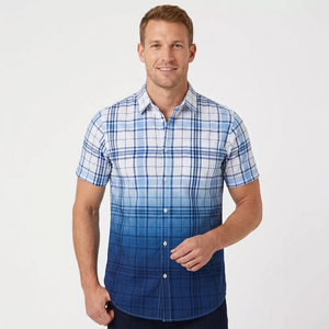 <b>Men's</b> Short Sleeve Plaid Gradient Color Formal Shirt Regular Fit Turn-down Collar Winter Woven Poplin 100% Cotton Eco-Friendly - Product Image 2