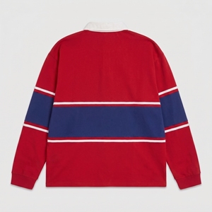 Polo en coton pour homme, coupe carrée, à manches longues, tricoté épais, style rugby court, avec broderie personnalisée et strass rayés - Product Image 2