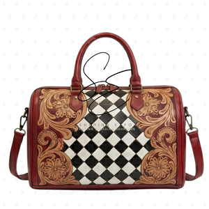 Sac de voyage SEHRAINN en cuir repoussé, motif à carreaux rouges, forme tonneau, sac de luxe avec fermeture éclair, durable - Product Image 1