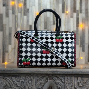 New <b>Top</b> Selling Personalized Black White <b>Checkered</b> Genuine Leather Cherry Design Women Fashion Weekender Duffle High Quality - Product Image 1
