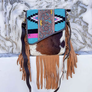Bolso de mano de cuero, bolso de cuero de vaca Real, manta de sillín azteca, bolsos con flecos, bolsos superventas para mujer - Product Image 1